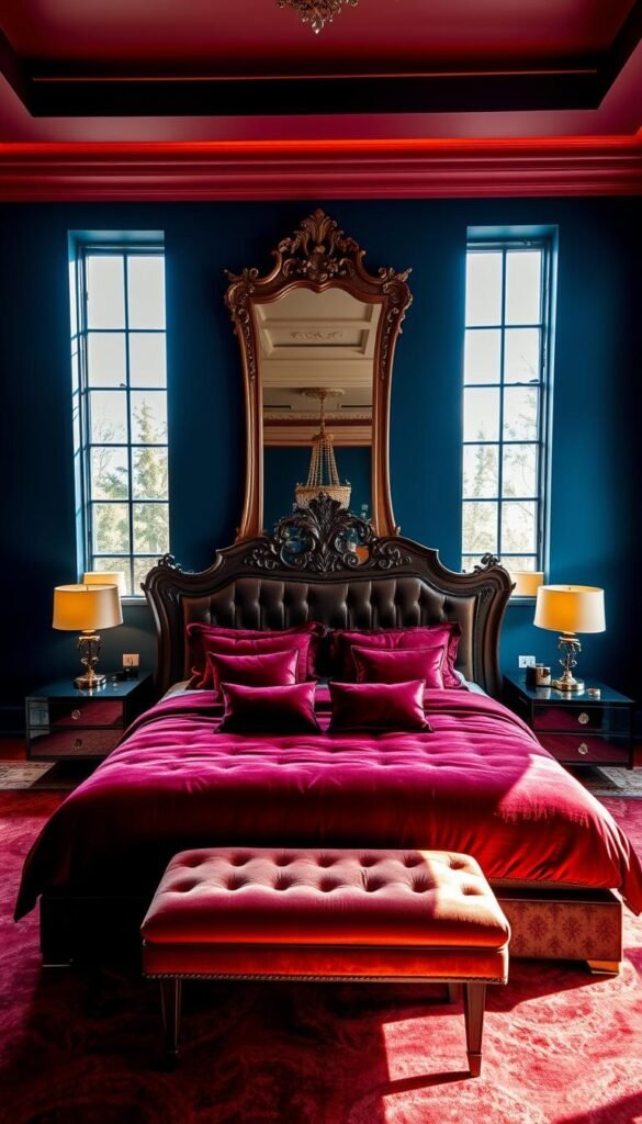 A luxuriously decorated bedroom in a vibrant, saturated color palette. In the foreground, a king-sized bed with plush, jewel-toned bedding and an elaborate, carved wooden headboard. Floating nightstands with sleek metal lamps emit a warm, ambient glow. The walls are painted in a bold, dramatic hue, such as deep indigo or rich burgundy, creating a sense of coziness and sophistication. The middle ground features a large, ornate mirror and a low-profile, upholstered bench at the foot of the bed. In the background, tall windows allow natural light to flood the space, casting dramatic shadows and highlights. The overall atmosphere is one of lavish, unapologetic opulence.