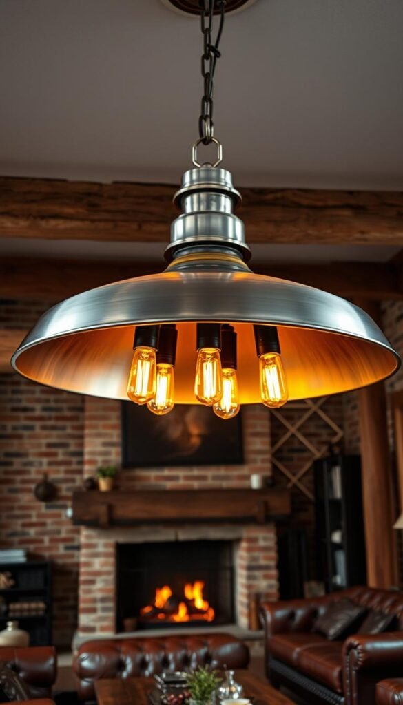 A massive industrial-style pendant light fixture hanging from the ceiling, casting a warm glow over a rustic living room. The pendant is made of sleek, brushed metal with exposed bulbs that emanate a soft, amber light. The fixture is suspended from a thick, metal chain, adding to the industrial aesthetic. In the background, the room features exposed brick walls, wooden beams, and a mix of leather and metal furnishings, creating a harmonious, cozy, and moody atmosphere.