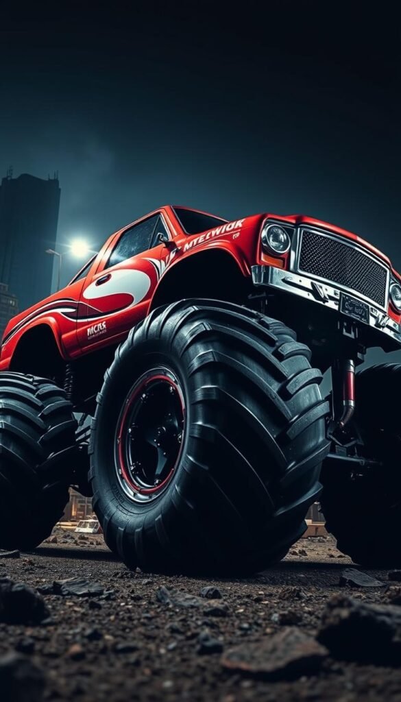 A massive monster truck, its enormous tires and hulking frame dominating the foreground, looming over a chaotic urban landscape in the background. The truck's paint job is a striking metallic red, with bold graphics and chrome accents that catch the light from a dramatic, high-contrast lighting setup. The perspective is slightly tilted, creating a sense of movement and power. The overall atmosphere is one of raw, unapologetic intensity, perfectly capturing the essence of the monster truck world.
