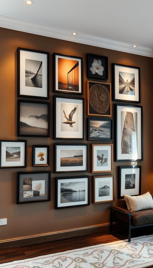 A meticulously arranged gallery wall featuring an eclectic mix of framed paintings, photographs, and abstract wall decor. The layout is visually striking, with a harmonious balance of shapes, sizes, and textures. The frames are a mix of sleek, modern black and warm, natural wood tones. Soft, diffused lighting casts a gentle glow, creating a cozy and inviting atmosphere. The walls are a rich, neutral shade that allows the artwork to take center stage. The overall composition is both visually captivating and aesthetically pleasing, inviting the viewer to explore the curated collection.