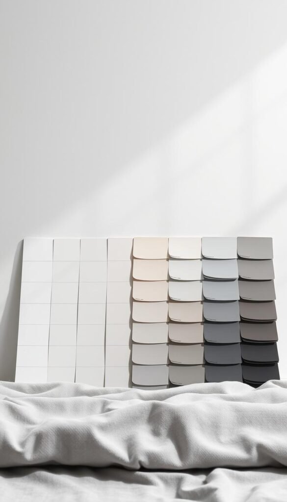 A meticulously arranged palette of grey hues, showcasing the nuanced undertones that define the grey spectrum. The foreground features a sleek, minimalist composition, with various paint swatches neatly displayed against a soft, neutral backdrop. The middle ground highlights the subtle variations in tone, from warm beige-greys to cool, silvery hues, each seamlessly blending into the next. The background is bathed in soft, diffused lighting, creating a serene, contemplative atmosphere that invites the viewer to explore the depths of the grey color range. Captured with a crisp, high-resolution lens, this image offers a comprehensive visual guide to understanding the diverse shades of grey, perfect for inspiring a tranquil, sophisticated grey bedroom décor.