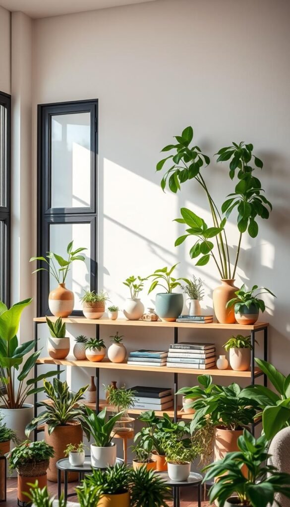 A meticulously curated living room plant shelf, bathed in soft, natural lighting from large windows. The foreground features an assortment of lush, thriving houseplants in stylish ceramic planters, artfully arranged with decorative pieces like vases, books, and small sculptures. The middle ground showcases a sleek, minimalist wooden shelf that seamlessly integrates the greenery into the space. In the background, a neutral-toned wall provides a clean, calming backdrop, enhancing the serene, nature-inspired ambiance. The overall composition exudes a harmonious, visually appealing balance, inspiring a sense of tranquility and creativity. A meticulously curated living room plant shelf, bathed in soft, natural lighting from large windows. The foreground features an assortment of lush, thriving houseplants in stylish ceramic planters, artfully arranged with decorative pieces like vases, books, and small sculptures. The middle ground showcases a sleek, minimalist wooden shelf that seamlessly integrates the greenery into the space. In the background, a neutral-toned wall provides a clean, calming backdrop, enhancing the serene, nature-inspired ambiance. The overall composition exudes a harmonious, visually appealing balance, inspiring a sense of tranquility and creativity.