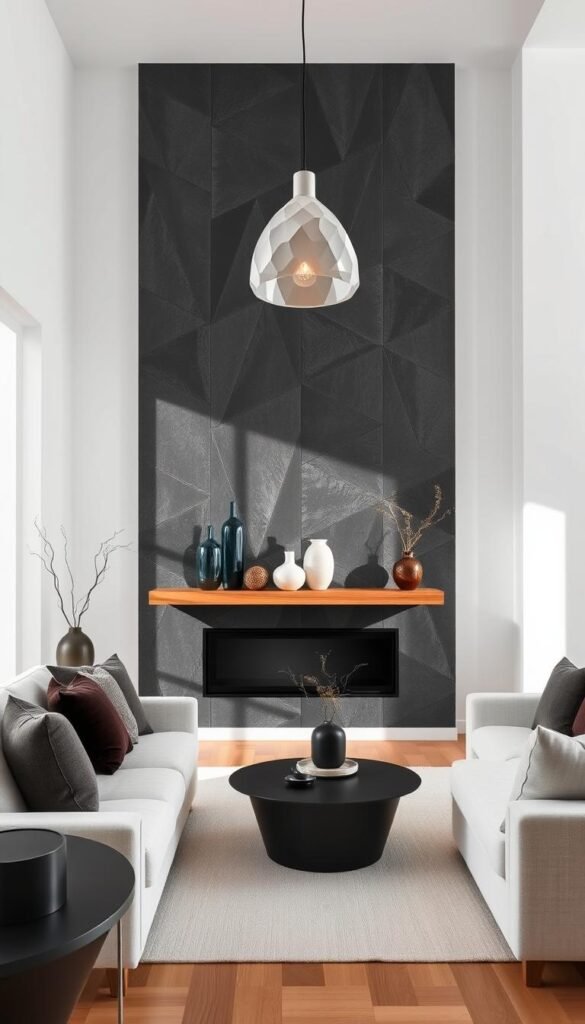 A meticulously curated modern living room with a stunning accent wall. Crisp white walls provide a sleek backdrop for a striking geometric wall panel in deep charcoal grey, its angular pattern casting dramatic shadows. Minimal decor elements, including a floating wooden shelf displaying a few carefully selected ceramic vases and botanical stems, complement the architectural feature. Warm lighting from a sculptural pendant casts a soft glow, accentuating the textures. The scene is captured with a wide-angle lens, emphasizing the room's airy, gallery-like ambiance.