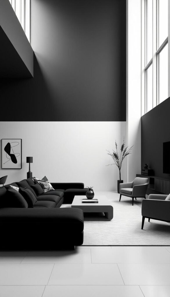 A meticulously designed monochrome living room, the essence of sophisticated simplicity. In the foreground, a plush black sectional sofa commands attention, its clean lines accentuated by the neutral palette. Sleek black and white decor elements, such as abstract artwork and geometric throw pillows, create a cohesive visual harmony. The mid-ground features a minimalist coffee table, complemented by a pair of armchairs in contrasting shades of gray. Soft, indirect lighting casts a warm, moody glow, setting the tone for a serene and inviting atmosphere. The background showcases tall windows, allowing natural light to flood the space and create a sense of openness and tranquility. This living room design embodies the beauty of monochrome elegance, seamlessly blending form and function.