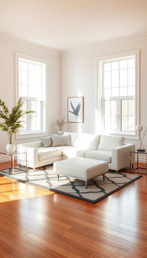 A meticulously designed monochrome living room with a sleek, white leather sofa as the focal point. The room is bathed in warm, natural light filtering through large windows, creating a soft, glowing ambiance. The walls are painted in a crisp, clean white, complemented by subtle textures in the form of minimalist decor and artfully arranged accessories. The hardwood floors reflect the light, adding to the sense of spaciousness and elegance. A modern, geometric area rug grounds the seating area, while a pair of minimalist, chrome-framed side tables flank the sofa, completing the cohesive, high-end aesthetic. The overall effect is one of refined sophistication and understated glamour.