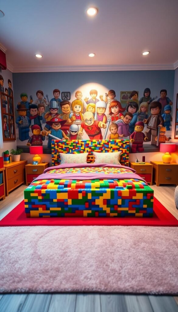 A meticulously detailed LEGO-themed bedroom, with a magnificent LEGO bed as the centerpiece. The bed frame is constructed entirely from colorful LEGO bricks, each piece precisely aligned to form a dynamic, modular design. Vibrant LEGO accessories, including nightstands, lamps, and a colorful rug, complement the bed's playful aesthetic. Warm, diffused lighting casts a cozy glow, highlighting the intricate LEGO textures. The room's walls are adorned with a mural of LEGO minifigures, creating a whimsical, immersive atmosphere. Camera angle slightly elevated, capturing the bed's striking, three-dimensional form and the room's delightful LEGO-inspired ambiance.