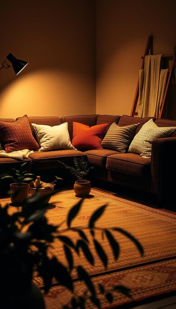 A meticulously detailed textured sofa in a cozy, inviting living room. The plush, dark brown sectional is adorned with an array of soft, tactile throw pillows in varying patterns and materials - velvet, boucle, and linen. Warm, golden ambient lighting casts a gentle glow, accentuating the natural textures. In the foreground, a hand-woven area rug with subtle geometric motifs complements the sofa. Potted plants and a decorative ladder with draped textiles add depth and visual interest to the middle ground. Subtle, moody shadows play across the scene, creating a sense of depth and atmosphere. The overall effect is one of rich, luxurious comfort.