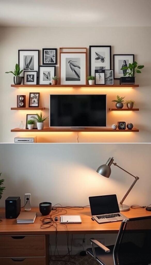 A meticulously organized home office space with a stylish over-TV wall decor arrangement that seamlessly integrates cable management solutions. The foreground showcases a sleek, wall-mounted TV surrounded by a harmonious display of framed artwork, potted plants, and minimalist shelving units that cleverly conceal wiring. The middle ground features a contemporary desk setup with neatly bundled cables, a modern lamp, and a laptop or computer. The background depicts a well-lit room with warm, diffused lighting, highlighting the thoughtful integration of technology and decor for a clean, visually appealing aesthetic.