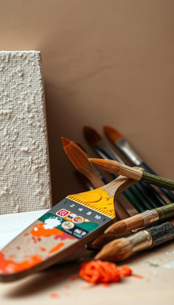 A meticulously textured collection of fine art materials, including a rough-hewn canvas, a palette knife coated in vivid acrylics, and a variety of natural bristle brushes. The scene is bathed in soft, directional lighting that accentuates the tactile qualities of the objects, creating a sense of depth and materiality. The background is a muted, neutral tone that allows the foreground elements to take center stage, showcasing the intricate patterns and textures that would inspire creative wall decor. Subtle shadows and reflections add to the sense of dimension and craftsmanship.