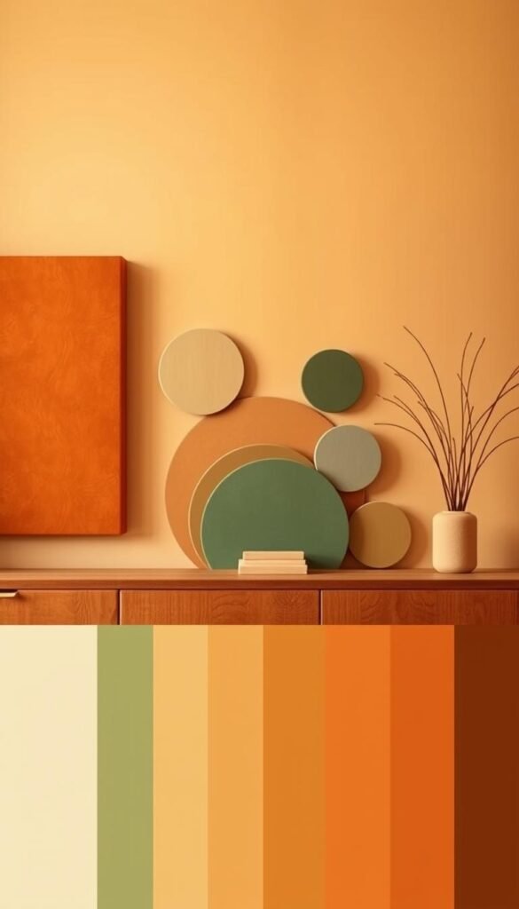 A mid-century modern color palette with warm, earthy tones. In the foreground, a harmonious arrangement of rectangular shapes in shades of ochre, terracotta, and burnt sienna. In the middle ground, a balanced composition of circular forms in muted greens and subdued blues. The background features a subtle gradient, transitioning from a soft peach to a pale, mustard yellow, evoking the inviting glow of natural light. The lighting is soft and diffused, creating a cozy, timeless atmosphere. The perspective is slightly elevated, allowing the viewer to appreciate the elegant simplicity and timeless appeal of this classic color scheme.