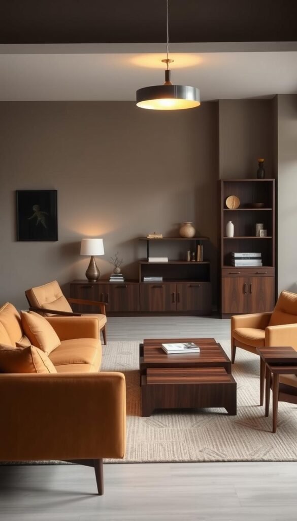 A mid-century modern living room showcasing an elegant selection of furniture. In the foreground, a sleek sofa with clean lines and a warm, earth-toned upholstery. Beside it, a low-profile armchair with a tufted back and wooden legs. In the middle ground, a rectangular coffee table with a smooth, walnut-stained surface, accompanied by a pair of nesting side tables. Further back, a tall, slim bookcase with adjustable shelves displays an assortment of decorative items. The room is bathed in soft, warm lighting from a pendant lamp overhead, casting a cozy, inviting glow. The walls are painted in a muted, neutral tone, allowing the furniture to take center stage. The overall atmosphere evokes a sense of timeless sophistication and understated elegance.