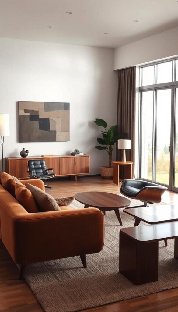 A mid-century modern living room with clean lines, organic shapes, and natural materials. In the foreground, a sleek sofa with curved edges and plush upholstery in a warm, earthy tone. Flanking it, a pair of iconic Eames-style lounge chairs in walnut wood and black leather. On the wall, a geometric abstract art piece in muted colors. The middle ground showcases a low-profile, teak wood coffee table with tapered legs, accompanied by a solid wood side table with a minimalist lamp. The background features large windows letting in natural light, casting a soft, ambient glow over the space. The overall atmosphere is one of timeless sophistication and understated elegance.