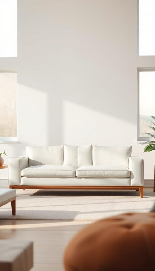 A minimalist and elegant white leather sofa stands prominently in a bright, airy living room. The sofa features clean lines and a sleek design, complemented by subtle wood elements such as a low-profile wooden frame and armrests. Soft, diffused natural light filters in through large windows, casting a warm glow on the space. The background is a serene, muted palette, allowing the white leather and wood to be the focal point. The overall atmosphere is one of understated sophistication and modern simplicity, creating a harmonious and inviting living environment.