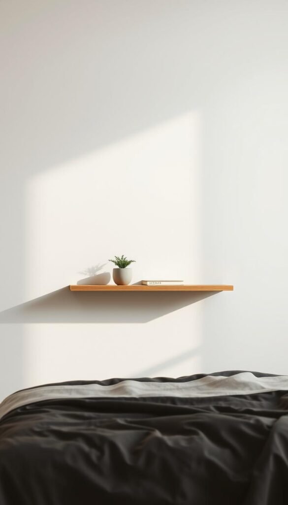 A minimalist bedroom setting, the focal point being a sleek, floating wooden shelf. The shelf is styled with a serene vignette, showcasing the beauty of negative space. Soft, diffused lighting creates a calming ambiance, casting gentle shadows that accentuate the shelf's clean lines. The background is a muted, off-white wall, allowing the shelf and its contents to take center stage. Atop the shelf, a few carefully curated items - a small potted plant, a single artful object, and a touch of texture, such as a linen runner. The composition is balanced, with ample breathing room around each element, emphasizing the power of simplicity and restraint. An image that embodies the essence of the "less is more" design philosophy.
