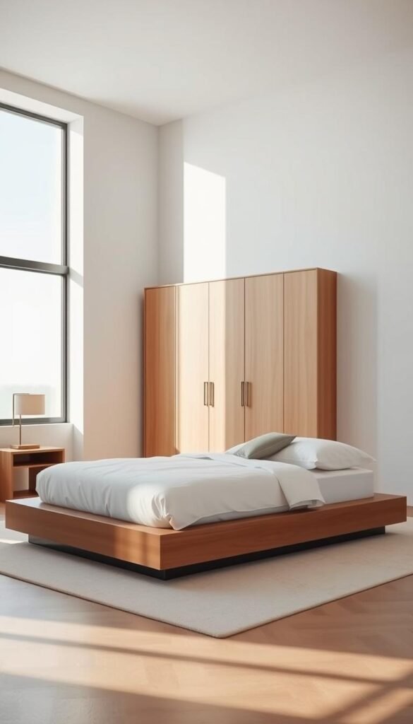 A minimalist bedroom with clean, straight lines and a tranquil atmosphere. In the foreground, a low-profile platform bed with crisp white linens and a single accent pillow. Beside it, a sleek nightstand with a simple table lamp casts a warm, diffused glow. The middle ground features a minimalist wardrobe or dresser in a natural wood tone, its lines emphasizing the space's elegance. In the background, a large window allows natural light to stream in, illuminating the room and creating a sense of openness and calm. The walls are painted in a soft, neutral shade, complementing the overall serene and focused ambiance.