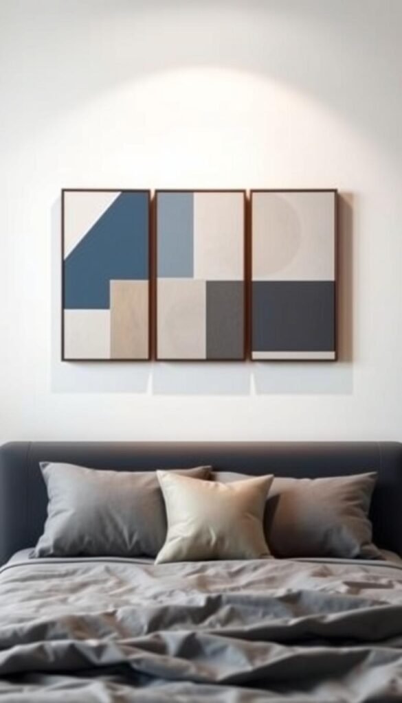 A minimalist, contemporary wall art display featuring geometric shapes, clean lines, and a muted color palette, perfectly suited for a modern boy's bedroom. The main focus is a triptych of abstract rectangular panels in shades of blue, gray, and taupe, arranged in a balanced, asymmetric layout. The panels are illuminated by soft, diffused lighting, casting subtle shadows that add depth and texture to the composition. The background is a simple, off-white wall, allowing the artwork to take center stage. The overall aesthetic is calming, sophisticated, and tailored to the sensibilities of a growing boy, inspiring creativity and reflection.