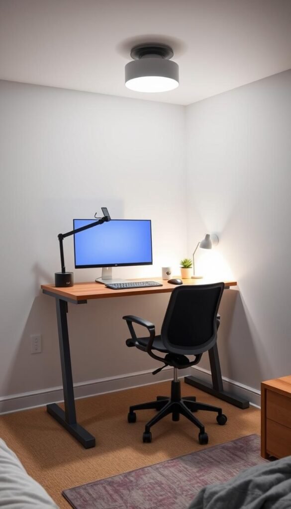 A minimalist, ergonomically-optimized study zone in a teenage boy's bedroom. A clean-lined, height-adjustable desk with a sleek metal frame and a smooth wood or bamboo surface. An ergonomic, swivel office chair with lumbar support and adjustable height. Bright, indirect LED lighting from a ceiling-mounted fixture, creating a cozy yet focused atmosphere. A large, high-resolution monitor on an adjustable mount, with a discreet wireless keyboard and mouse setup. Carefully curated decor elements like a potted plant, a small desk organizer, and a soft, neutral-toned area rug. The overall impression is one of efficient productivity and modern, functional style.