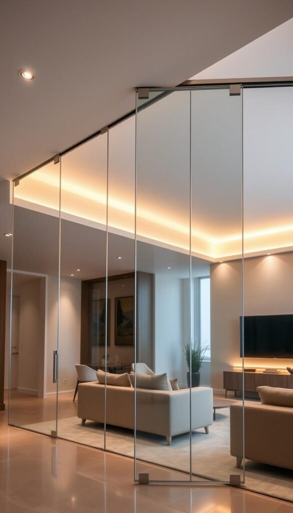 A minimalist glass room divider system casting soft, diffused light, creating an airy, elegant separation in a luxurious living room. The frameless glass panels, suspended from a sleek, polished metal track, float effortlessly, allowing an unobstructed view and seamless flow between spaces. Indirect, warm lighting from recessed fixtures and concealed cove lighting above cast a cozy, inviting glow, highlighting the room's high ceilings and neutral color palette. The glass surfaces reflect the room's furnishings, adding depth and visual interest. A high-end, sophisticated ambiance, perfect for stylish living and entertaining.
