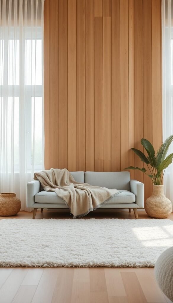 A minimalist living room setting with a natural wood-paneled wall as the backdrop. In the foreground, a plush, neutral-toned area rug grounds the space, complemented by a cozy throw blanket draped over a simple, low-profile sofa. Sheer, floor-to-ceiling curtains frame the large windows, allowing soft, diffused natural light to filter in. Textural elements, such as woven baskets or potted plants, add visual interest and warmth to the otherwise pared-down aesthetic. The overall mood is one of calm, serene sophistication, perfectly capturing the essence of warm minimalism.