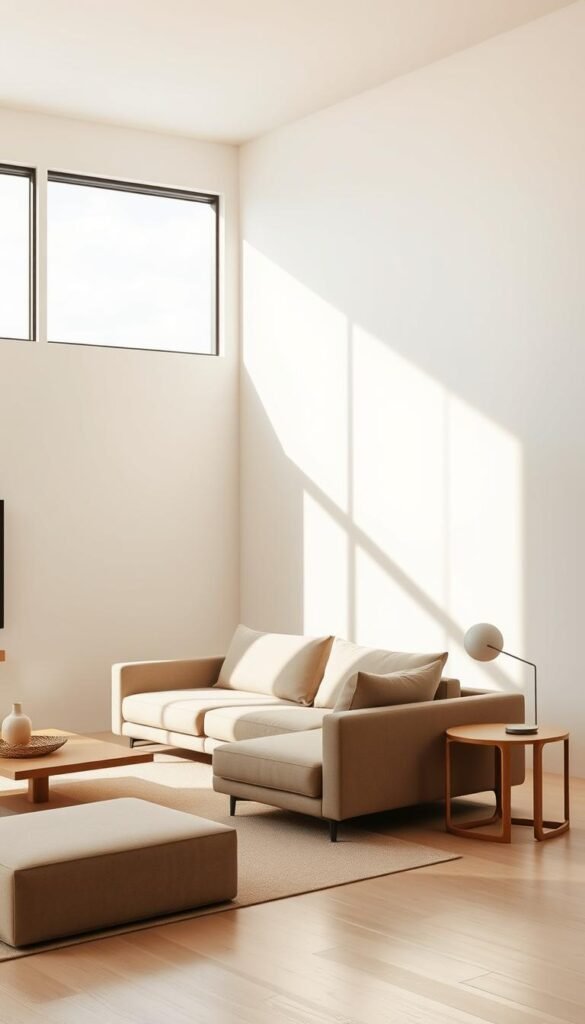 A minimalist living room with clean, crisp lines and a serene ambiance. The space is flooded with natural light, casting warm, diffused illumination through large windows. Smooth, unadorned walls in a neutral palette create a sense of tranquility. A low-profile, modular sofa in a muted tone anchors the room, its angular silhouette echoing the architectural lines. Sleek, wooden side tables and a minimalist coffee table complete the understated elegance. The overall composition exudes a sense of calm and effortless sophistication, perfectly embodying the essence of minimalist home decor with clean lines.
