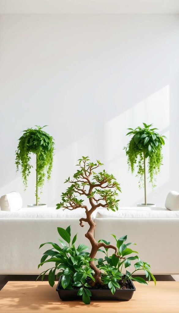 A minimalist living room with clean lines and a focus on strategic greenery placement. In the foreground, a sleek, low-profile sofa is flanked by two lush, potted plants, their verdant foliage cascading gracefully. In the middle ground, a coffee table is adorned with a bonsai tree, its delicate branches and leaves creating a captivating focal point. The background features a large, floor-to-ceiling window, allowing natural light to flood the space and accentuate the carefully curated greenery. The overall scene exudes a sense of tranquility and balance, with the strategic placement of the plants enhancing the minimalist aesthetic and bringing a touch of nature indoors.