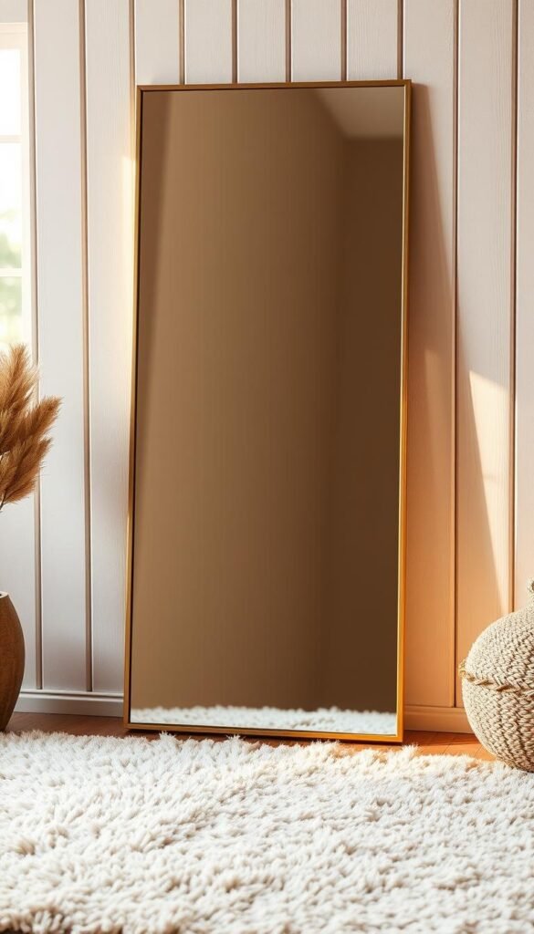 A minimalist, mid-century modern leaning floor mirror design set against a warm, natural backdrop. The mirror is sleek and rectangular, with a slim metallic frame in a muted gold or brass tone. It leans gracefully against a whitewashed wooden wall, creating a relaxed, bohemian ambiance. The floor beneath is covered in a plush, neutral-toned area rug, adding softness and texture. Warm, diffused lighting from a nearby window casts a gentle glow, highlighting the mirror's reflective surface and creating a sense of tranquility. The overall composition emphasizes clean lines, natural materials, and a calming, inviting atmosphere.