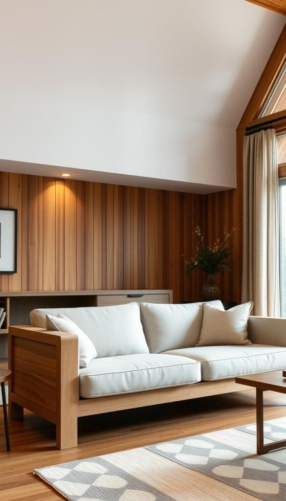 A minimalist sofa with sleek, clean lines stands prominently in a warm, inviting living room. The frame is crafted from smooth, natural-grained wood, complementing the rustic wood tones of the surrounding decor. Soft, neutral upholstery provides a serene contrast, creating a harmonious, calming atmosphere. Gentle side lighting casts a cozy glow, accentuating the organic textures and natural hues. The sofa is positioned as the focal point, creating a stylish, sophisticated space that embodies the essence of minimalist, wood-accented design.