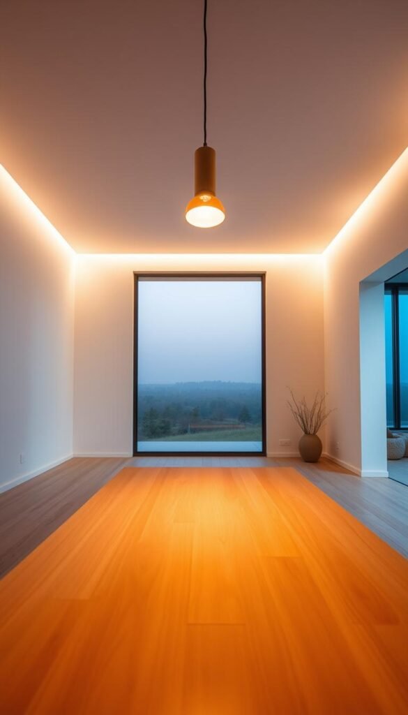 A minimalist, warm-lit space with natural wood elements and soft, ambient lighting. In the foreground, a sleek, rectangular wooden table casts a gentle glow, complemented by the subtle illumination of a single pendant light overhead. In the middle ground, a large, floor-to-ceiling window frames a serene outdoor scene, allowing natural light to filter in and create a tranquil atmosphere. The background is dominated by clean, white walls, accentuating the simplicity and elegance of the space. The overall mood is one of understated sophistication and a harmonious blend of natural materials and thoughtful lighting design.