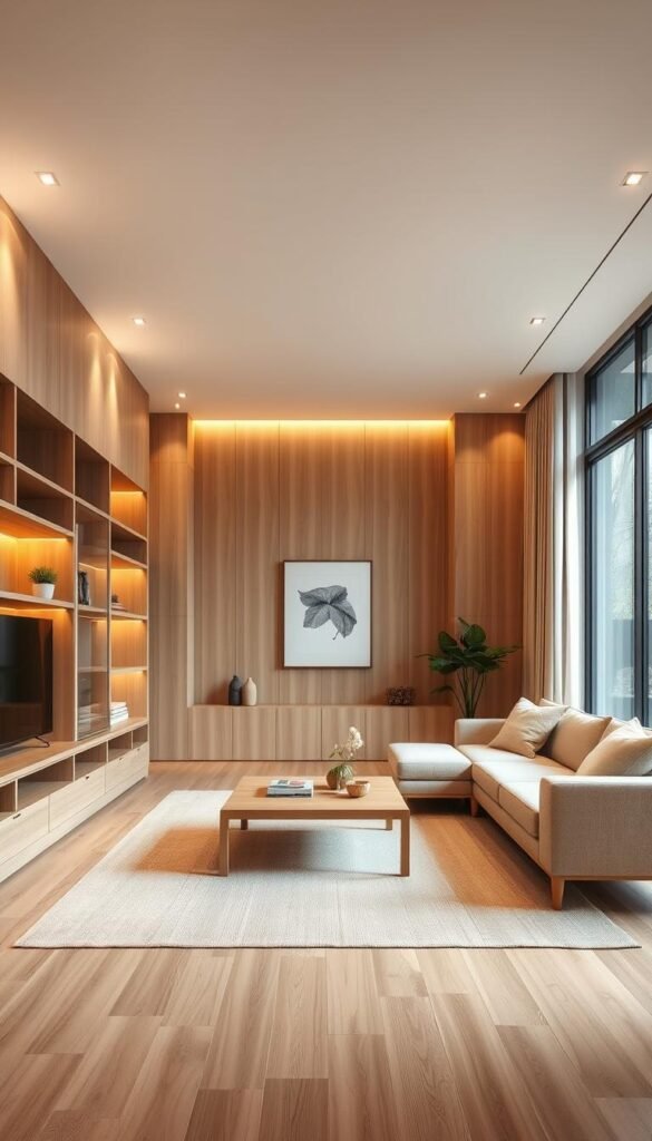 A minimalist, well-organized living room with natural wood accents. In the foreground, sleek, built-in shelves and cabinets seamlessly blend into the walls, providing ample storage space without disrupting the clean, uncluttered aesthetic. Warm, indirect lighting from recessed fixtures and a large, panoramic window illuminate the room, casting a soft, cozy glow. The middle ground showcases a low-profile, Scandinavian-inspired coffee table and a plush, neutral-toned sectional sofa, arranged to create a harmonious, inviting atmosphere. In the background, a simple, natural-fiber area rug and a few potted plants add subtle pops of greenery, complementing the overall earthy, serene ambiance.