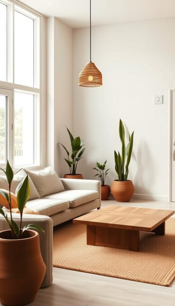 A minimalist yet earthy living room with clean lines and natural textures. A muted color palette of beige, ochre, and olive green creates a grounded, serene atmosphere. A low-profile sofa with plush linen upholstery sits atop a woven area rug, accompanied by a wooden coffee table with a simple geometric silhouette. Tall potted plants in terracotta pots lend a touch of organic elegance, while a single pendant light with a handcrafted, rustic-inspired design casts a warm, diffused glow. Soft, natural lighting filters in through large windows, emphasizing the room's spaciousness and sense of tranquility. An overall sense of pared-down sophistication and mindful restraint pervades the scene. A minimalist yet earthy living room with clean lines and natural textures. A muted color palette of beige, ochre, and olive green creates a grounded, serene atmosphere. A low-profile sofa with plush linen upholstery sits atop a woven area rug, accompanied by a wooden coffee table with a simple geometric silhouette. Tall potted plants in terracotta pots lend a touch of organic elegance, while a single pendant light with a handcrafted, rustic-inspired design casts a warm, diffused glow. Soft, natural lighting filters in through large windows, emphasizing the room's spaciousness and sense of tranquility. An overall sense of pared-down sophistication and mindful restraint pervades the scene.
