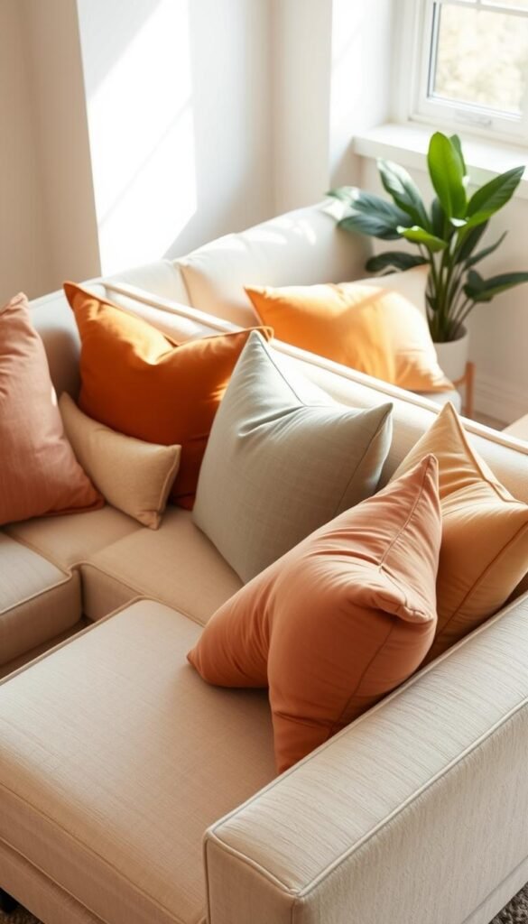 A modern and cozy sectional sofa in a well-lit living room, adorned with an assortment of plush throw pillows in a harmonious color palette. The pillows are arranged in a visually appealing manner, complementing the clean lines and neutral tones of the sofa. Soft, diffused lighting from a nearby window bathes the scene in a warm, inviting glow, creating an atmosphere of relaxation and comfort. The pillows feature a mix of solid colors, subtle patterns, and textural elements that add depth and visual interest to the overall composition.