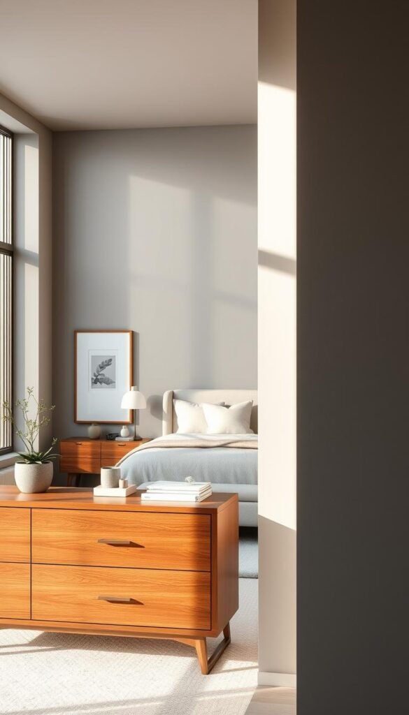 A modern bedroom with an elegant, polished aesthetic. The walls are painted in a soft, muted grey tone that creates a calming, sophisticated ambiance. The room is bathed in warm, natural lighting from large windows, casting a gentle glow across the space. In the foreground, a beautifully crafted wooden dresser with clean lines and a sleek, minimalist design. On the dresser, various bedroom essentials are artfully arranged, including a small potted plant, a few decorative objects, and a framed wall art piece. The middle ground features a plush, neutral-toned bed with crisp, high-quality linens, complementing the overall color palette. The background showcases a neutral-toned, textured wall, adding depth and visual interest to the scene. The overall atmosphere is one of refined elegance and tranquility, perfectly capturing the essence of a modern, polished bedroom.