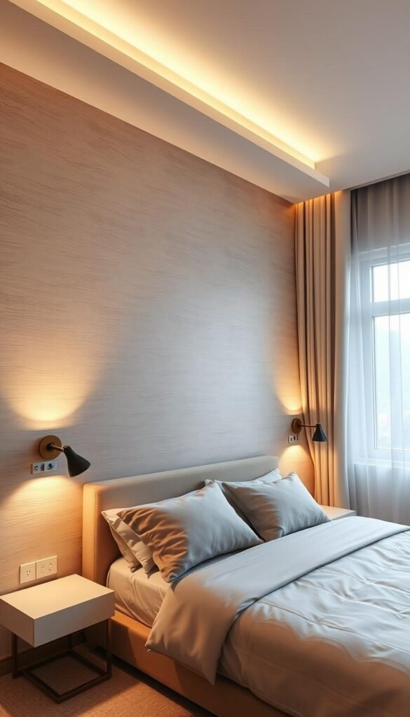 A modern bedroom with sleek, minimalist wallpaper patterns in neutral tones. Soft, diffused lighting from a large window illuminates the room, casting subtle shadows and highlights across the textured wallcoverings. Carefully positioned sconces on the side walls provide additional, adjustable lighting to showcase the wallpaper's design. The lighting is warm and inviting, creating a serene and sophisticated ambiance that complements the wallpaper's elegant aesthetic. The camera angle captures the entire room, offering a comprehensive view of how the lighting and wallpaper work in harmony to achieve a cohesive, visually-appealing space.
