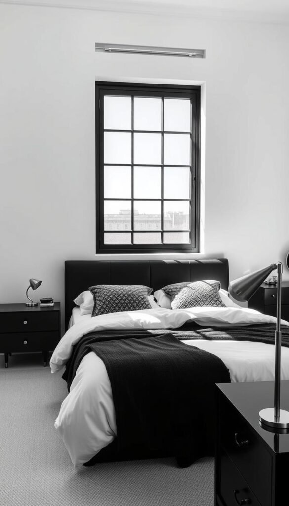 A modern, chic bedroom with a striking black window frame standing in bold contrast against the crisp, clean white walls. The window is positioned to allow natural light to pour in, casting dramatic shadows across the minimalist decor. A plush, white duvet covers the bed, complemented by textured, monochrome throw pillows. Sleek, black furniture pieces, such as a nightstand and dresser, add depth and visual interest to the space. Subtle metallic accents, like a gleaming table lamp, elevate the overall sophisticated aesthetic. The room exudes a calming, airy atmosphere, with the black architectural detail serving as a striking focal point.