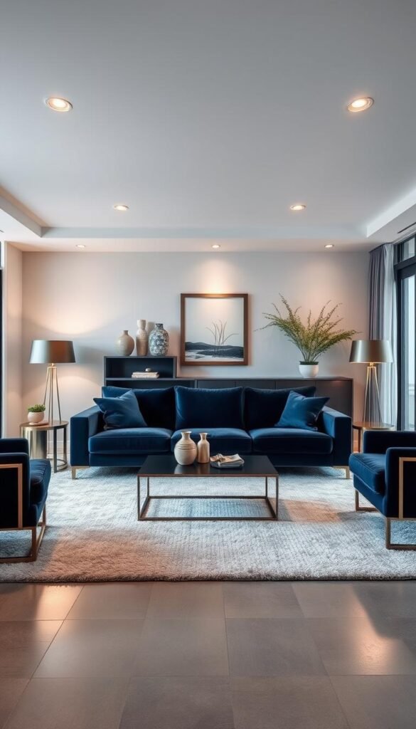A modern, dark blue sofa stands as the centerpiece of a chic, minimalist living room. The sofa's clean lines and luxurious velvet upholstery create a striking focal point, while the surrounding decor evokes a sense of understated elegance. Sleek, brushed metal side tables and a low-profile coffee table complement the sofa, while a plush, textured area rug grounds the space. Indirect lighting from recessed fixtures and floor lamps casts a warm, atmospheric glow, highlighting the room's sophisticated color palette of deep blues and muted greys. Large windows allow natural light to filter in, creating a bright and airy ambiance. Carefully curated artwork and decorative accessories, such as ceramic vases and metallic accents, complete the polished, modern aesthetic.