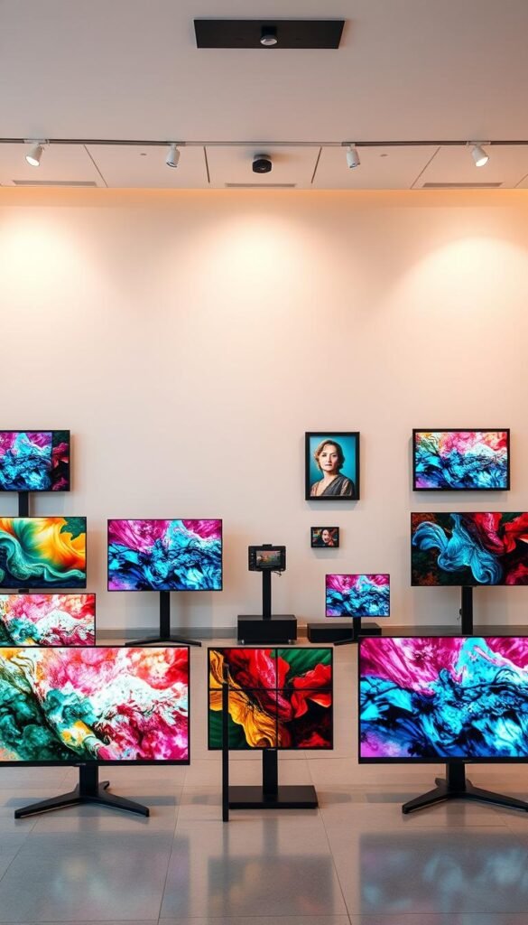 A modern, high-tech art gallery showcasing various TV display options against a clean, minimalist backdrop. In the foreground, several different-sized flat-screen TVs present an array of digital artworks, paintings, and abstract compositions. Subtle backlighting enhances the vivid colors and textures. The middle ground features various TV display mounts, stands, and frames in sleek, contemporary designs. In the background, a large, seamless white wall creates a simple, sophisticated setting to highlight the visual capabilities of the TVs. Warm, even lighting from overhead fixtures complements the digital artworks. Overall, the scene conveys a sense of refined, visually captivating possibilities for transforming a TV into a versatile, customizable art display.