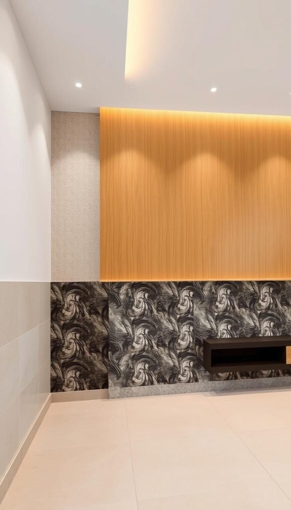 A modern living room wall with a captivating mix of materials. In the foreground, smooth ceramic tiles in a neutral palette create a sleek, polished base. Overlaying this, midground wallpaper in a bold, abstract pattern adds visual depth and textural interest. Complementing the layers, wood paneling in a warm, honey-toned finish wraps the upper portion of the wall, lending a refined, natural touch. Soft, diffused lighting from above accentuates the interplay of surfaces, casting gentle shadows that add depth and dimension. The resulting composition exudes a harmonious balance of materials, elevating the space with a sense of sophisticated, contemporary style.