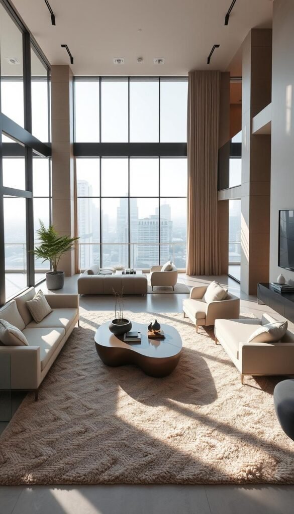 A modern, luxurious condo interior with an open floor plan. A spacious living room bathed in natural light filtering through large windows, accentuated by sleek, minimalist furniture in neutral tones. Plush, textured area rugs anchor the seating arrangement, complemented by a modern, sculptural coffee table. The room exudes a sense of sophistication and tranquility, with carefully curated art pieces and subtle accent lighting highlighting the architectural details. The overall aesthetic is a seamless blend of clean lines, high-end materials, and a sophisticated color palette, creating a serene and inviting atmosphere.