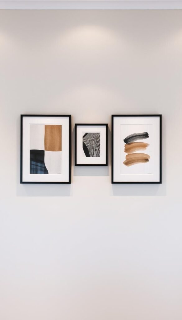 A modern, meticulously curated wall decor arrangement featuring three distinct framed artworks in a harmonious cluster. Minimalist black frames with crisp white mats stand out against a smooth, light gray wall. The compositions range from abstract geometric patterns to expressive brush strokes, creating visual interest and balance. Soft, diffused lighting from concealed sources casts a warm, gallery-like ambiance, highlighting the careful placement and spacing of the artworks. The arrangement exudes a sense of elegance, sophistication and effortless style, perfectly showcasing the "Rule of Threes" principle for a beautifully balanced, impactful display. A modern, meticulously curated wall decor arrangement featuring three distinct framed artworks in a harmonious cluster. Minimalist black frames with crisp white mats stand out against a smooth, light gray wall. The compositions range from abstract geometric patterns to expressive brush strokes, creating visual interest and balance. Soft, diffused lighting from concealed sources casts a warm, gallery-like ambiance, highlighting the careful placement and spacing of the artworks. The arrangement exudes a sense of elegance, sophistication and effortless style, perfectly showcasing the "Rule of Threes" principle for a beautifully balanced, impactful display.
