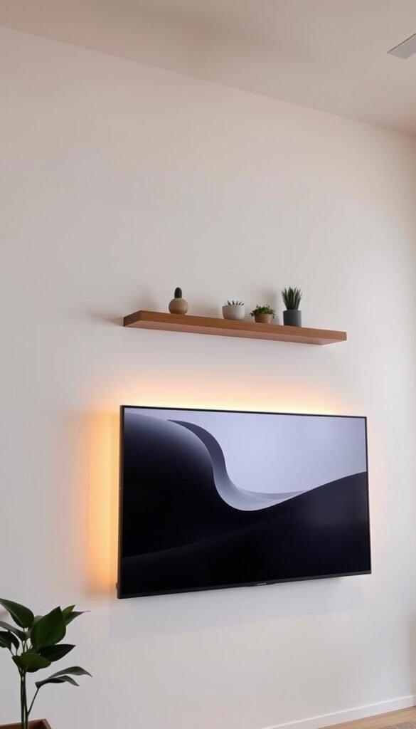 A modern, minimalist Roku art display setting with a sleek, flat-screen TV mounted on a clean white wall. The TV screen displays a serene, abstract digital artwork with muted colors and organic shapes, creating a calming ambiance. Subtle backlighting along the edges of the TV casts a warm, ambient glow, complementing the art piece. The surrounding wall is adorned with a simple, floating wooden shelf, holding a few decorative plants and minimal accessories, enhancing the overall minimalist aesthetic. The lighting is soft and diffused, creating a harmonious and inviting atmosphere, perfect for turning a living space into a serene art gallery.