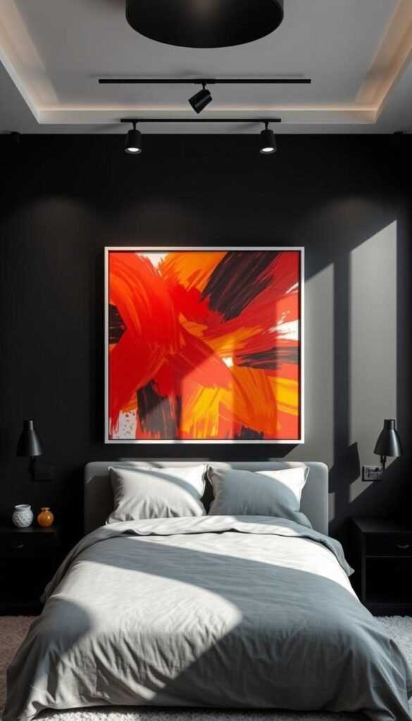 A modern, minimalist art gallery with dark charcoal walls showcasing a vibrant abstract painting. The artwork features bold, sweeping brushstrokes in a palette of vivid reds, oranges, and yellows, creating a striking contrast against the moody backdrop. Soft, directional lighting from sleek track fixtures illuminates the piece, casting dramatic shadows and highlighting the depth and texture of the paint. The composition is framed by a simple white gallery frame, allowing the artwork to take center stage. The overall atmosphere is one of refined sophistication and artistic elegance, perfectly complementing the chic, black bedroom decor.