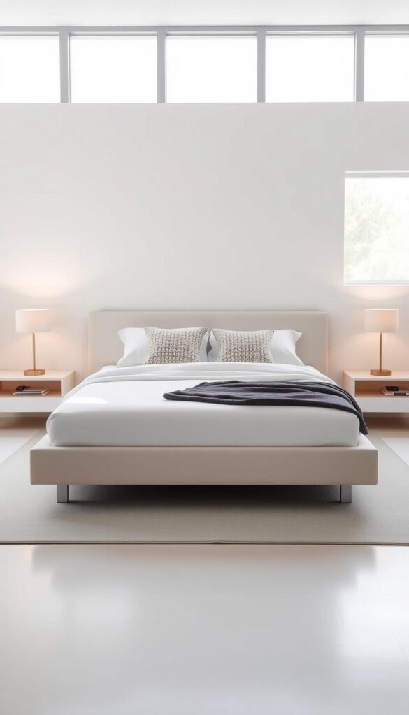 A modern, minimalist bed design with clean lines and a low profile frame. The bed is positioned in the center of a bright, airy bedroom, illuminated by natural light streaming through large windows. The mattress is topped with crisp, white bedding and accented by plush, textured pillows. Sleek, floating nightstands flank the bed, with simple, geometric lamps providing soft, ambient lighting. The overall atmosphere is serene and sophisticated, creating a tranquil retreat. A modern, minimalist bed design with clean lines and a low profile frame. The bed is positioned in the center of a bright, airy bedroom, illuminated by natural light streaming through large windows. The mattress is topped with crisp, white bedding and accented by plush, textured pillows. Sleek, floating nightstands flank the bed, with simple, geometric lamps providing soft, ambient lighting. The overall atmosphere is serene and sophisticated, creating a tranquil retreat.