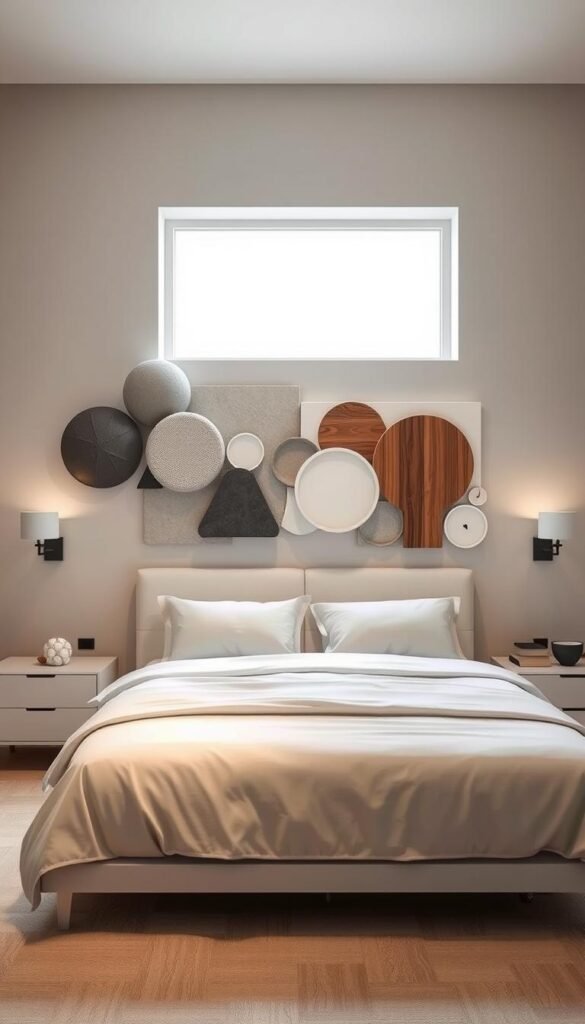 A modern, minimalist bedroom with a focus on an accent wall featuring creative headboard alternatives. In the foreground, various sculptural, geometric shapes in muted tones of gray, white, and wood tones are arranged artfully on the wall, creating a visually striking and textural display. The middle ground showcases a clean, white bedframe with simple, elegant linens. Soft, indirect lighting from sconces and a large window bathes the scene in a warm, natural glow, highlighting the interplay of forms and materials. The background is a serene, neutral wall color that allows the accent wall to take center stage. The overall mood is one of understated sophistication and a harmonious balance of simplicity and visual interest.