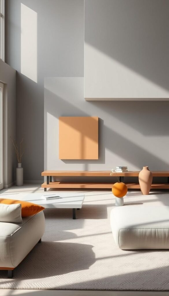A modern, minimalist color palette with muted tones, showcasing a harmonious blend of grays, whites, and pops of warm accents like terracotta or mustard. The composition features a clean, sleek layout with geometric shapes and clean lines, creating a sense of sophistication and balance. The lighting is soft and diffused, casting subtle shadows that add depth and dimension to the design. The overall mood is calming, cozy, and inviting, perfectly encapsulating the essence of a modern and cozy living room.