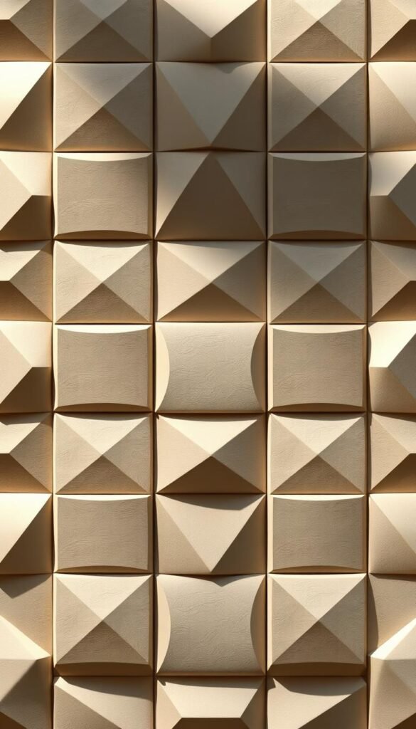 A modern, minimalist geometric wallpaper pattern featuring a repeating array of sleek, angular shapes in a muted color palette. The design showcases a harmonious balance of square, triangle, and hexagonal elements arranged in a clean, symmetrical grid layout. The composition is bathed in soft, diffused lighting that casts subtle shadows, creating depth and visual interest. The overall aesthetic is elegant, sophisticated, and perfectly suited for a contemporary bedroom setting, evoking a sense of serene sophistication.