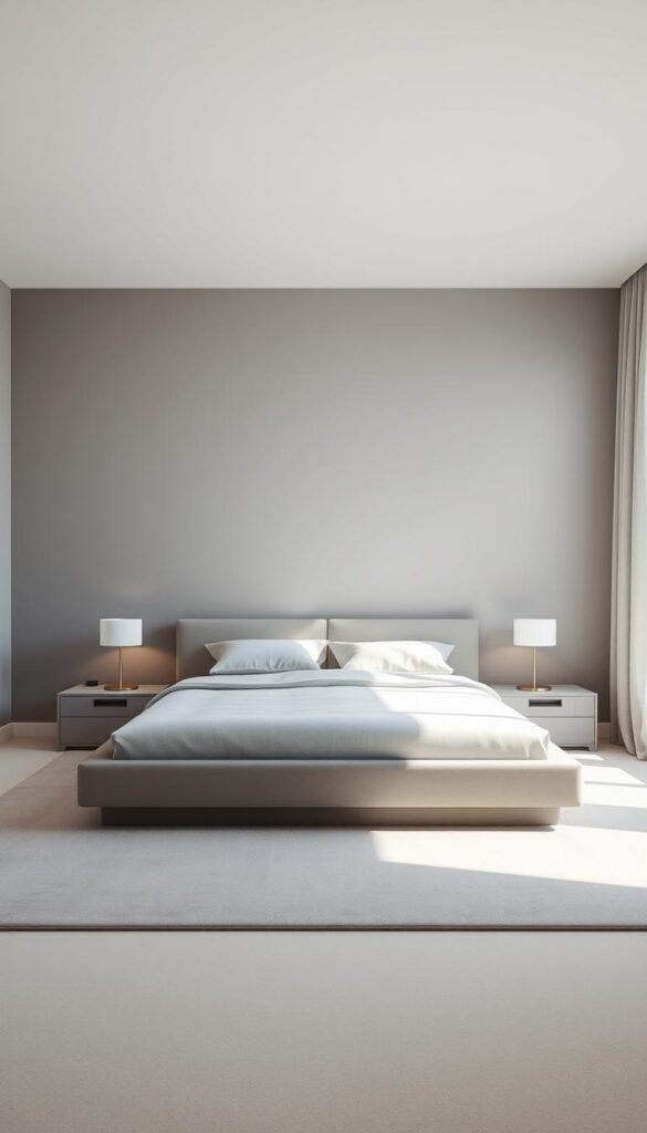 A modern, minimalist gray bedroom bathed in soft, natural light. A low-profile, platform bed takes center stage, its simple lines and neutral tones creating a serene, elevated ambiance. Flanking the bed, minimalist nightstands with clean-lined lamps emit a gentle, diffused glow. The walls are painted in a warm, muted gray, complemented by a plush, solid-colored rug that grounds the space. Large, curtain-framed windows allow the daylight to stream in, casting a tranquil, atmospheric haze throughout the room. Subtle textures, like the soft bedding and tactile accessories, add depth and visual interest to the pared-back, sophisticated design.
