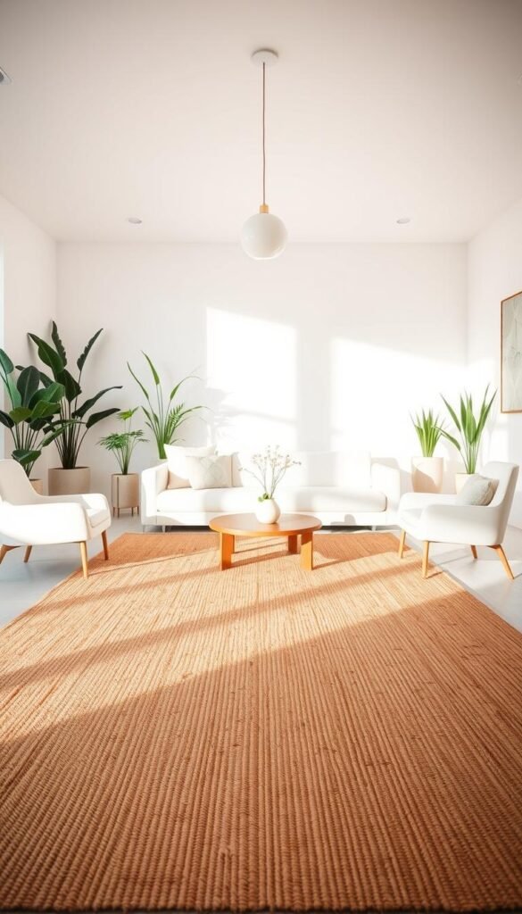 A modern, minimalist living room bathed in soft, natural light. In the foreground, a plush jute area rug anchors the space, its neutral tones and organic texture creating a warm, grounded feel. Surrounding the rug, sleek, low-profile furniture - a white sectional sofa, a wooden coffee table, and a pair of minimalist armchairs. Along the walls, tall, slender houseplants in simple, geometric planters add pops of greenery, complementing the natural fiber rug. The lighting is a mix of subtle recessed fixtures and a single, modern pendant lamp that casts a gentle glow. The overall atmosphere is one of serene, uncluttered elegance, where the natural elements and clean, minimalist design come together to create a harmonious, inviting space. A modern, minimalist living room bathed in soft, natural light. In the foreground, a plush jute area rug anchors the space, its neutral tones and organic texture creating a warm, grounded feel. Surrounding the rug, sleek, low-profile furniture - a white sectional sofa, a wooden coffee table, and a pair of minimalist armchairs. Along the walls, tall, slender houseplants in simple, geometric planters add pops of greenery, complementing the natural fiber rug. The lighting is a mix of subtle recessed fixtures and a single, modern pendant lamp that casts a gentle glow. The overall atmosphere is one of serene, uncluttered elegance, where the natural elements and clean, minimalist design come together to create a harmonious, inviting space.