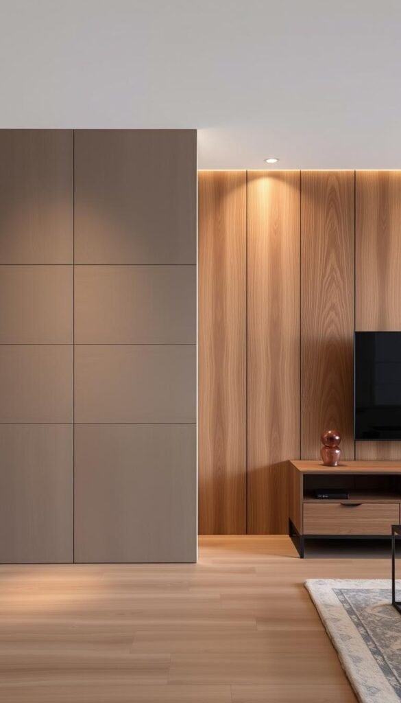 A modern, minimalist living room showcasing diverse wall paneling styles. The foreground features a sleek, geometric paneled wall in a muted, earthy tone, with subtle textures and clean lines. In the middle ground, a contrasting paneled wall exhibits a warm, natural wood grain pattern, creating visual interest. The background illuminates the space with soft, diffused lighting, highlighting the interplay of materials and textures. The overall atmosphere is one of sophistication, serenity, and a harmonious blend of contemporary and organic elements.