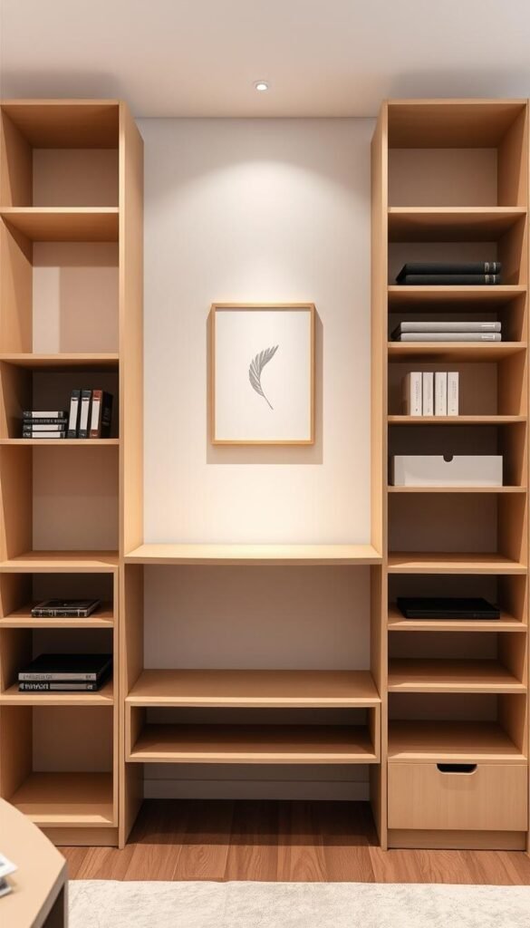 A modern, minimalist storage solution showcasing a sleek, multipurpose design. In the foreground, a modular shelving unit with clean lines and neutral tones, its various compartments and cubbies offering ample storage space. The middle ground features a minimalist, floating desk or workspace seamlessly integrated into the storage system. In the background, a simple, yet stylish wall décor piece or artwork complements the overall aesthetic. The lighting is soft and diffused, creating a warm, inviting atmosphere. The composition is balanced, with a focus on functionality and design harmony. The entire scene conveys a sense of contemporary, space-saving elegance.
