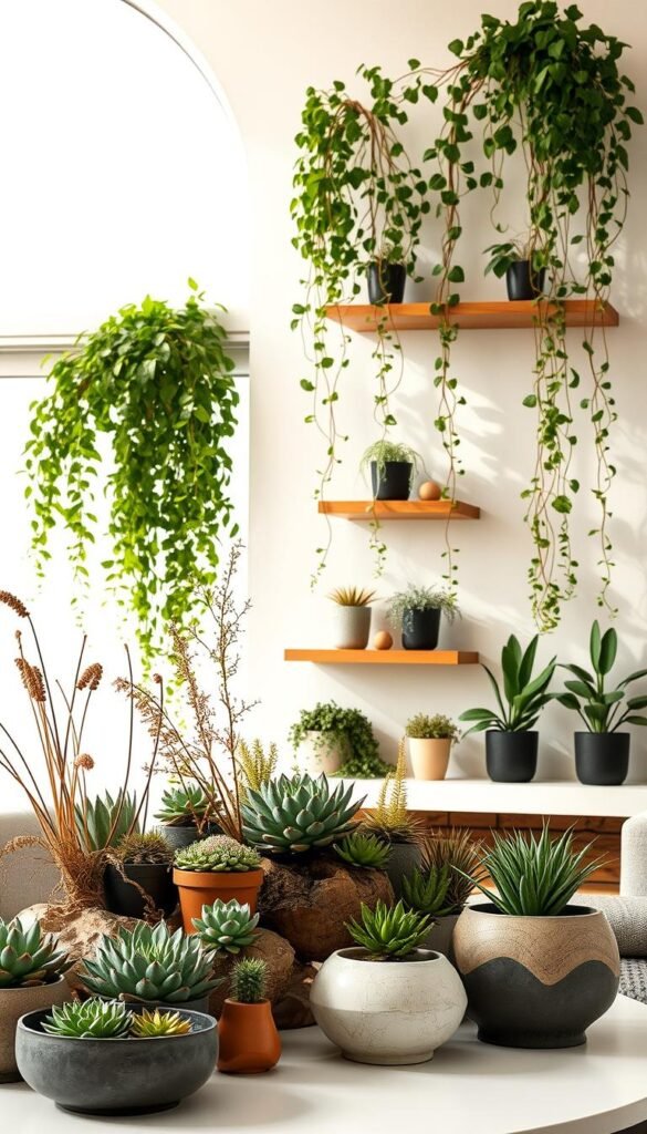 A modern, mixed material plant installation in a bright, airy living room. In the foreground, a sculptural arrangement of succulents, air plants, and dried botanicals in contrasting textures and tones - a mix of ceramic, wood, and metal planters. In the middle ground, lush, trailing vines cascading from floating shelves, their leaves casting dynamic shadows. The background features a crisp white wall punctuated by a large, arched window that floods the space with warm, diffused natural light. The overall aesthetic is refined yet organic, creating a serene, harmonious atmosphere that complements the living room's decor. A modern, mixed material plant installation in a bright, airy living room. In the foreground, a sculptural arrangement of succulents, air plants, and dried botanicals in contrasting textures and tones - a mix of ceramic, wood, and metal planters. In the middle ground, lush, trailing vines cascading from floating shelves, their leaves casting dynamic shadows. The background features a crisp white wall punctuated by a large, arched window that floods the space with warm, diffused natural light. The overall aesthetic is refined yet organic, creating a serene, harmonious atmosphere that complements the living room's decor.